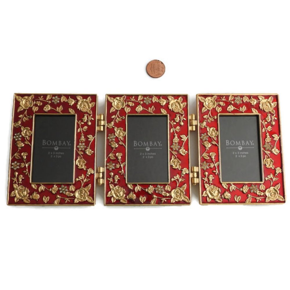 Metal Enamel Tabletop Triple Picture Frame Red with Brass Roses Crystal Bombay